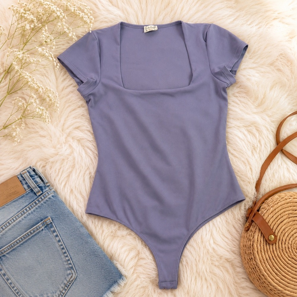 Intimately Free People Square Neck Bodysuit Purple Cap Sleeve Thong Medium